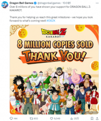 《龙珠》系列游戏官方宣布 《龙珠Z：卡卡罗特》全球累计销量突破800万